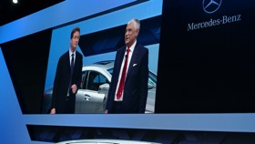 Ola Källenius, CEO of Mercedes-AMG and Gabriele del Torchio, of Ducati, at the Los Angeles Auto Show.