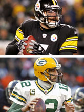Credit: © Ronald Martinez/Getty Images; © Joe Robbins/Getty Images
Caption: Top: Ben Roethlisberger #7 of the Pittsburgh Steelers; Bottom: Aaron Rodgers #12 of the Green Bay Packers