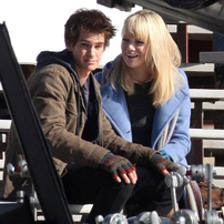 Andrew Garfield and Emma Stone on the set of the new Spiderman film ©GSI/Barcroft media