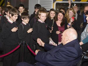 Sir Patrick Moore talks with schoolchildren