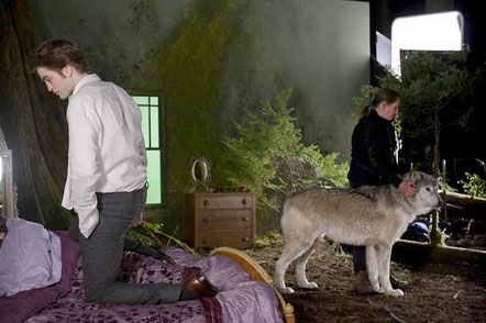 Rob on the set of "New Moon"